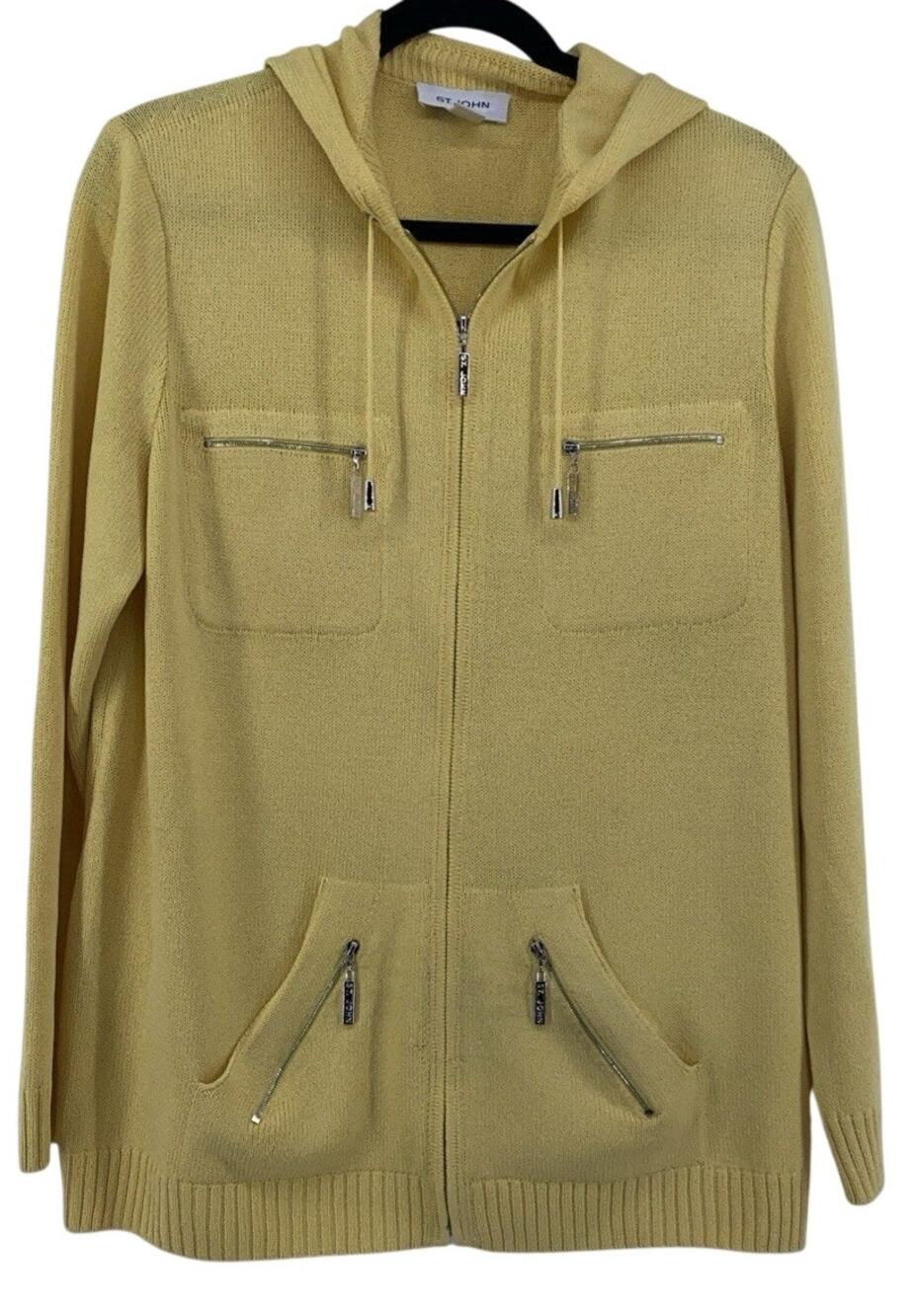 ST JOHN COLLECTION Yellow Santana Knit Full Zip Hooded Jacket Womens L Luxury